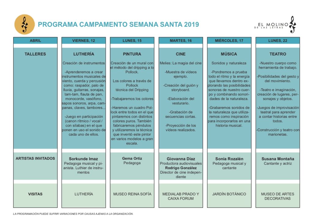 Programa del Campamento de Semana Santa en El Molino de Las Letras, Escuela de Música y otras Artes en el centro de Madrid.